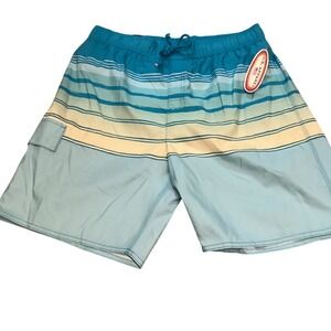 US Apparel Mens Swim Trunks Shorts Blue Yellow Striped Cargo Pocket Drawstring L